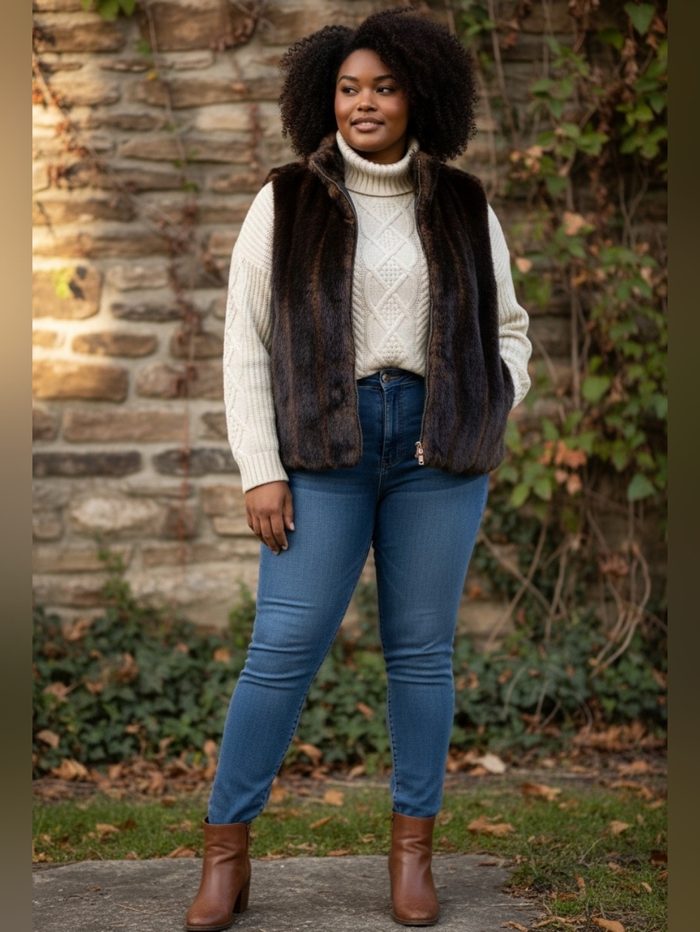 Preston & York Cozy Dark Brown Faux Fur Vest Full Zip Fall